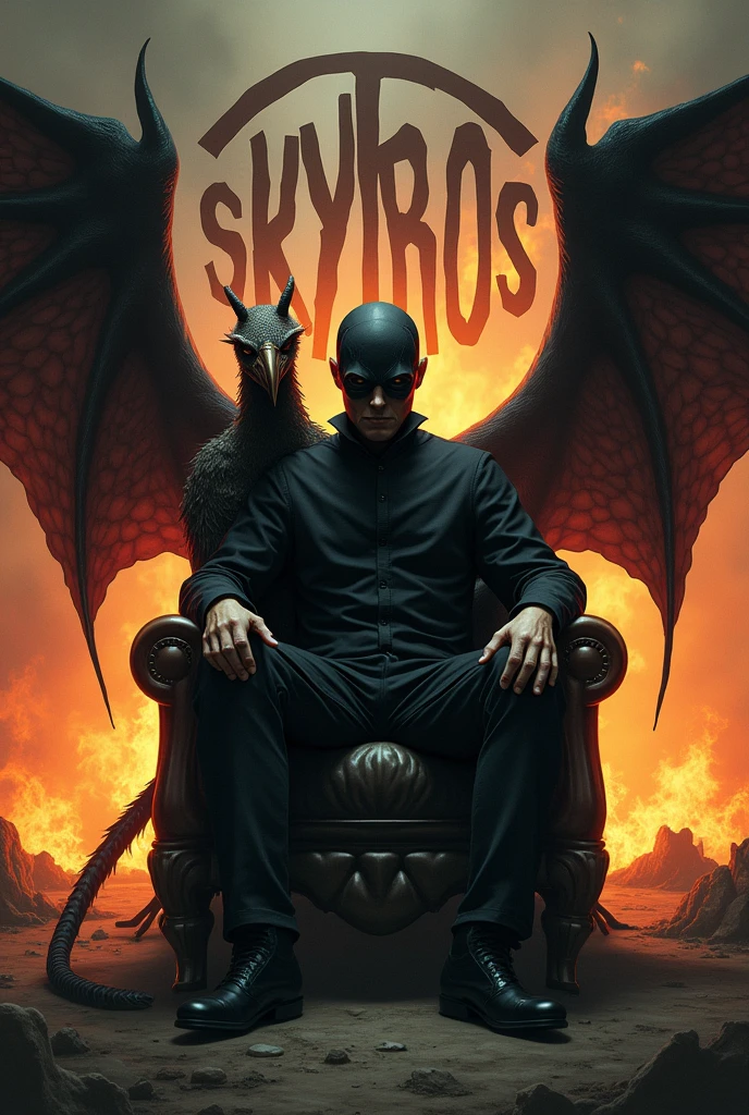 man and bird with devil wing a mask
sit on chair fire back ground with sign of SKYRIOS letter