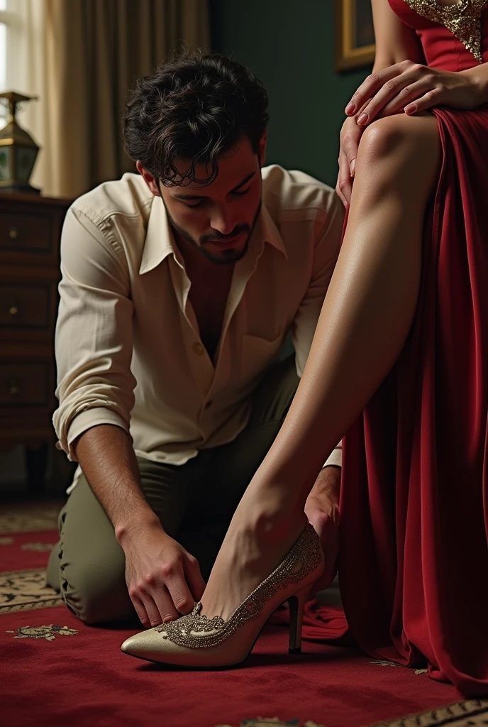 a submissive male boy slave , cleaning mistress shoes .