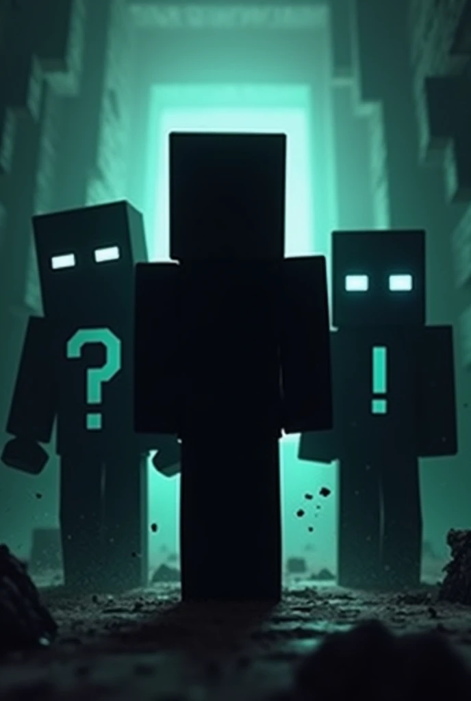 3 Minecraft characters, the first is in the middle being completely black and without features, the second has white eyes and a white question mark on its chest, the third has a white exclamation point on its chest and cyan eyes, in a macabre setting