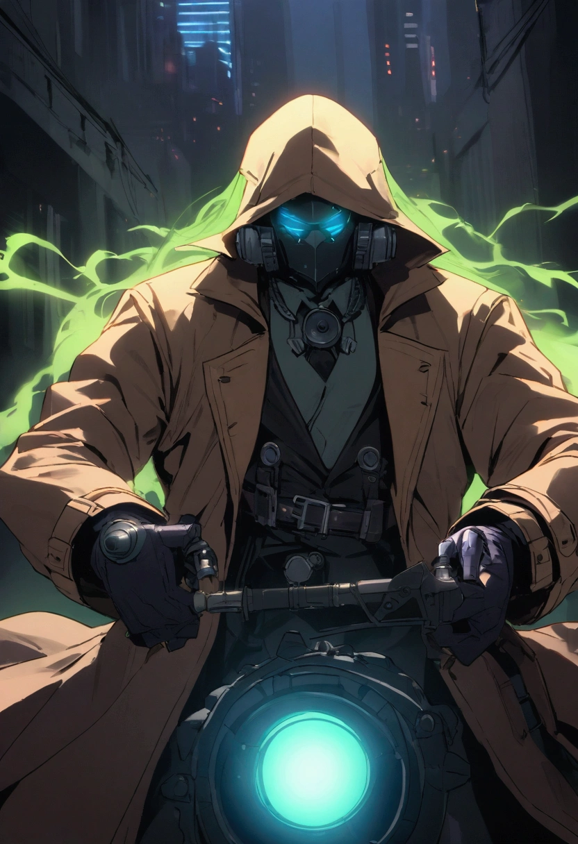 A cyberpunk Rorschach (vigilante detective). With cyber ehancements similar to a kamen rixer. He has the ability to hack and gather information from any device he can see. His outfit includes a brown trench coat. He weapons of choice so be razor wires, a grappling gun, small steel balls ans projectiles. He can also hack any device he sees to effect lights and create a ghostly presence. 