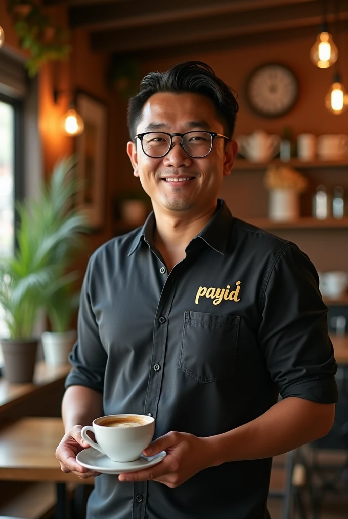 created a hensom man with a slightly medium body, glasses, Malay face, 27 year. Barista shirt, he was a restaurant waiter who delivered a cup of warm coffee, The Barista Shirt making word Gold inscription "payid", the background is village cafe. the image is very detailed, super HD