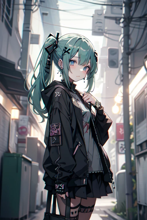 Green hair、miku hatsune、Twin-tailed、piercings、earrings、The tattoo、goth_punk, 1girl in, solo,、top-quality, Photorealistic, An ultra-fine illustrations, beautiful attractive anime girl, miku hatsune, Slender body, Tied hair, one girls, a photo of girl, Full body shot, Beautiful blue eyes, Turned,earrings、hair adornments、jewely、