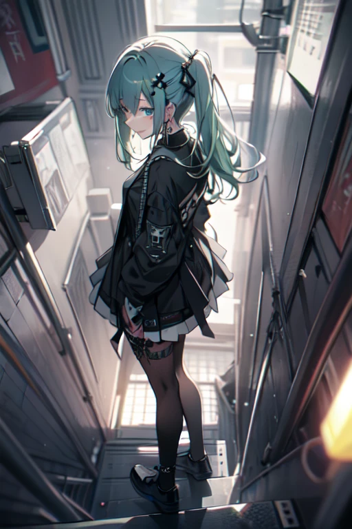 Green hair、miku hatsune、Twin-tailed、piercings、earrings、The tattoo、goth_punk, 1girl in, solo,、top-quality, Photorealistic, An ultra-fine illustrations, beautiful attractive anime girl, miku hatsune, Slender body, Tied hair, one girls, a photo of girl, Full body shot, Beautiful blue eyes, Turned,earrings、hair adornments、jewely、