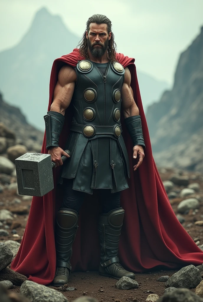 a highly detailed portrait of Thor, god of thunder, in a post-apocalyptic wasteland, wearing a tattered red cloak, with intense eyes and a determined expression, holding a massive hammer, dramatic lighting, gritty and weathered textures, cinematic composition, photorealistic, 8k, unreal engine, concept art style
