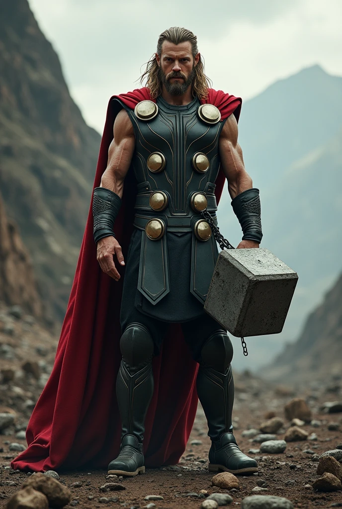 a highly detailed portrait of Thor, god of thunder, in a post-apocalyptic wasteland, wearing a tattered red cloak, with intense eyes and a determined expression, holding a massive hammer, dramatic lighting, gritty and weathered textures, cinematic composition, photorealistic, 8k, unreal engine, concept art style
