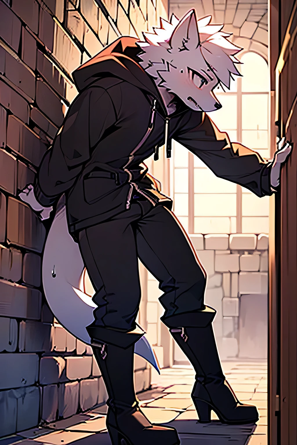 background:A very narrow dungeon,solo,perspective:From the side,Unable to move,Shota,,Short white hair, ,Pursuers from behind,Wolf,Long Parka,Long trousers,Knee-high boots,Stiletto heels,The monster pressed against the wall, forcing me to lean against it.,sweating,shortness of breath,