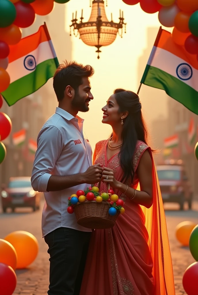 Create a realistic image of a 27-year-old couple wearing sagar and jyoti—his labeled “Sagar” and hers “jyoti”—holding a basket with the national flag of India. Both hold Indian flags, surrounded by balloons and a chandelier. Above them, a roadside poster reads “Happy Independence Day 15 August 2024.” The image should be highly detailed, with a holographic effect, capturing the festive spirit in high quality.