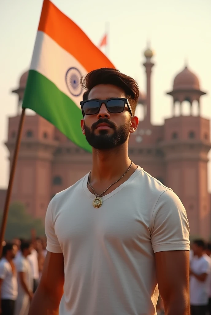 Indian young boy with beard and sunglasses independence day morning time all viwe lal kila realistic man skinny man hair set &full flag