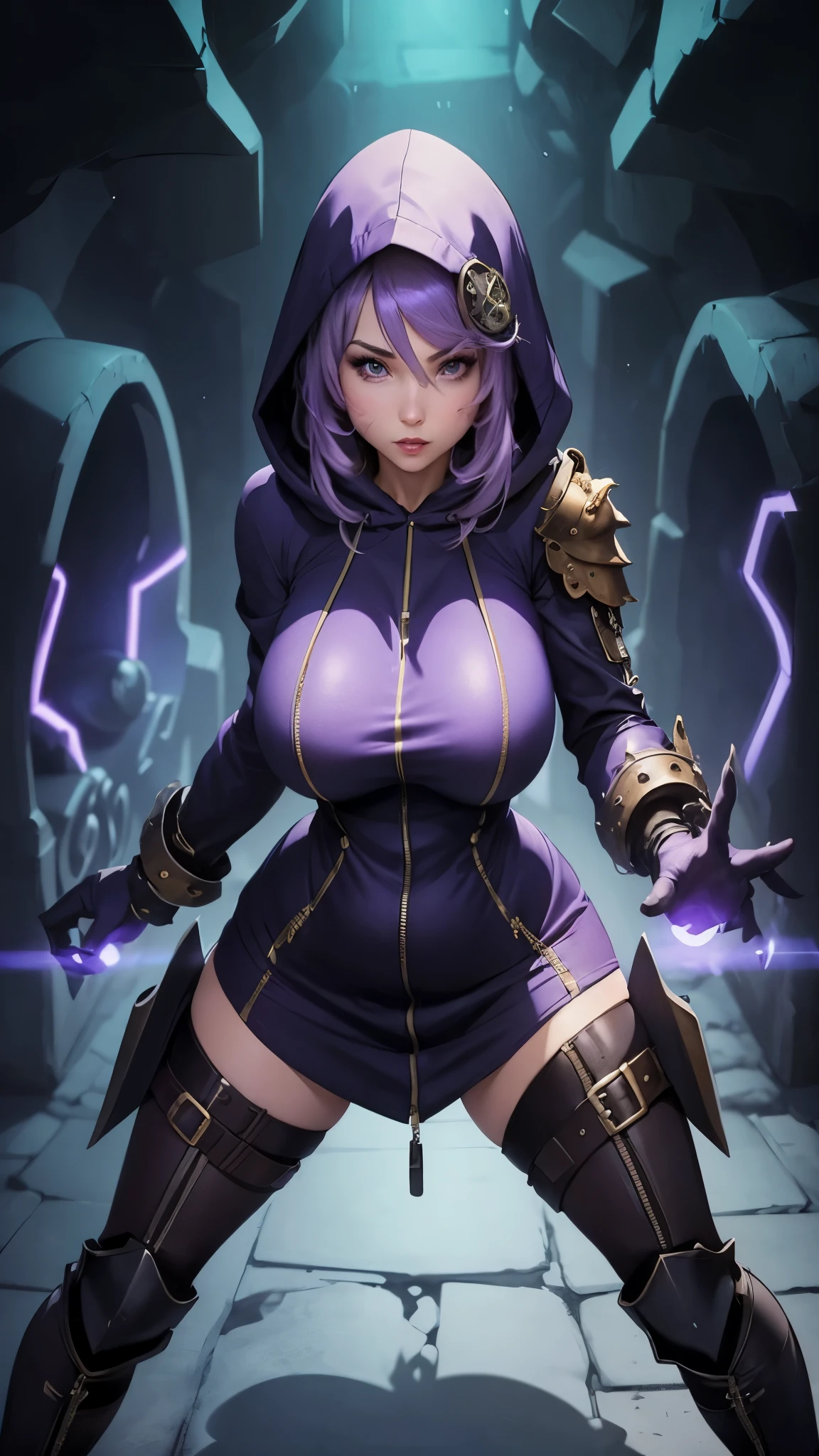 Curvy Woman, big breasts, hips, (hoodie mini dress zip), hooded, steampunk armor, in darkness catacombs, strong stance, blue purple lights, shadow light