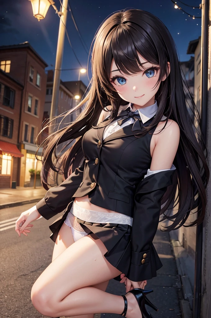 A beautiful arafed girl in a skirt and heels walking on a narrow street, (lamplight), (A high resolution), (8K), (The content is very detailed), (Best Best Illustration), aqua eyes, (beautidful eyes), glossy lips, (quality), (ultra - detailed),(masterpiece), (wall-),(A detailed的the face), solo, 1 girl in, looking at viewert, Fine and detailed, A detailed的the face, In the darkness of the night, Depth shadows, low pitch, purebred face_v1, A smile, long hair, Black shawl, wavy hair, 46 points oblique bangs, female student, (Brightly colored mini skirt, white panties, What about the lattice), A smile, big rounds breasts, actual, realistically, hight contrast, photon maping, Authentic images, super detailing, low angles: 1.5, 1 girl, Alone: 1.5, pop star, Kaibo idol, dress up like k-pop, sexy for, Open your legs forward, Fancy makeup, blazer jacket: 1.3, short skirt: 1.3,, high-heels, M-shaped open legs: 1.3, Open your legs 180 degrees, with an open crotch: 1.3, long dar brown hair, wet white: 1.5, You can see it from under the skirt: 1.3, Height 170 cm,ctextured skin
