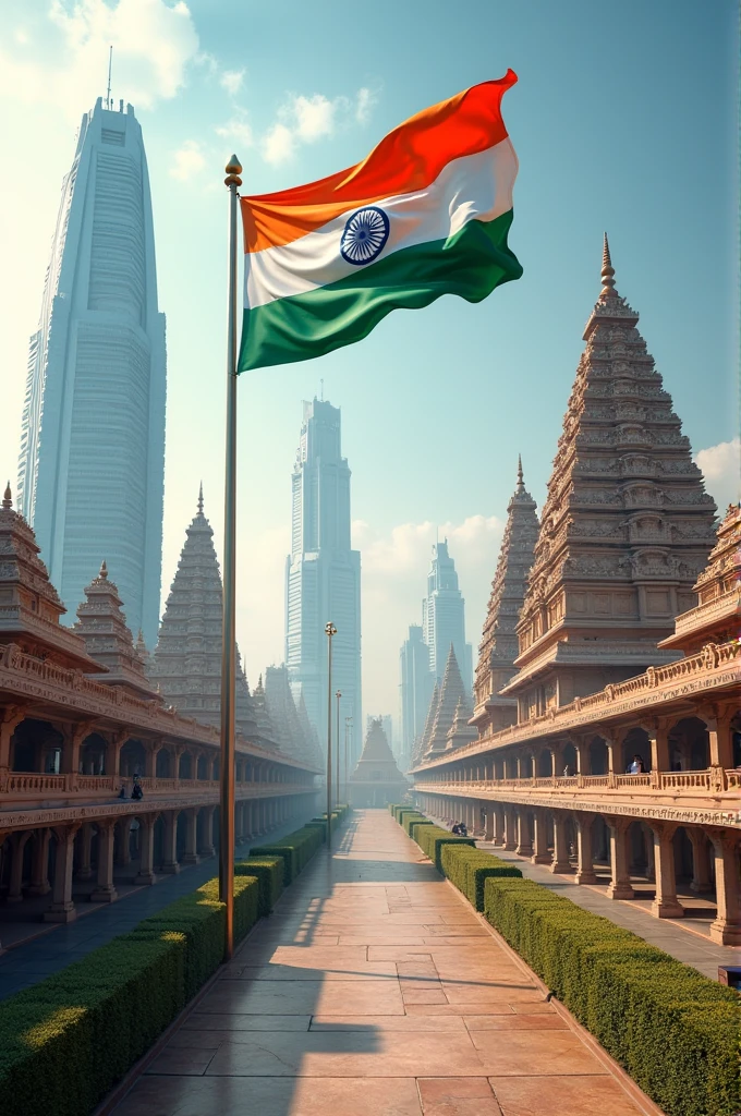 India as a developed nation 2047 with a big Indian flag inside a new unique modern Bhubaneswar Temple city having temple like tall buildings