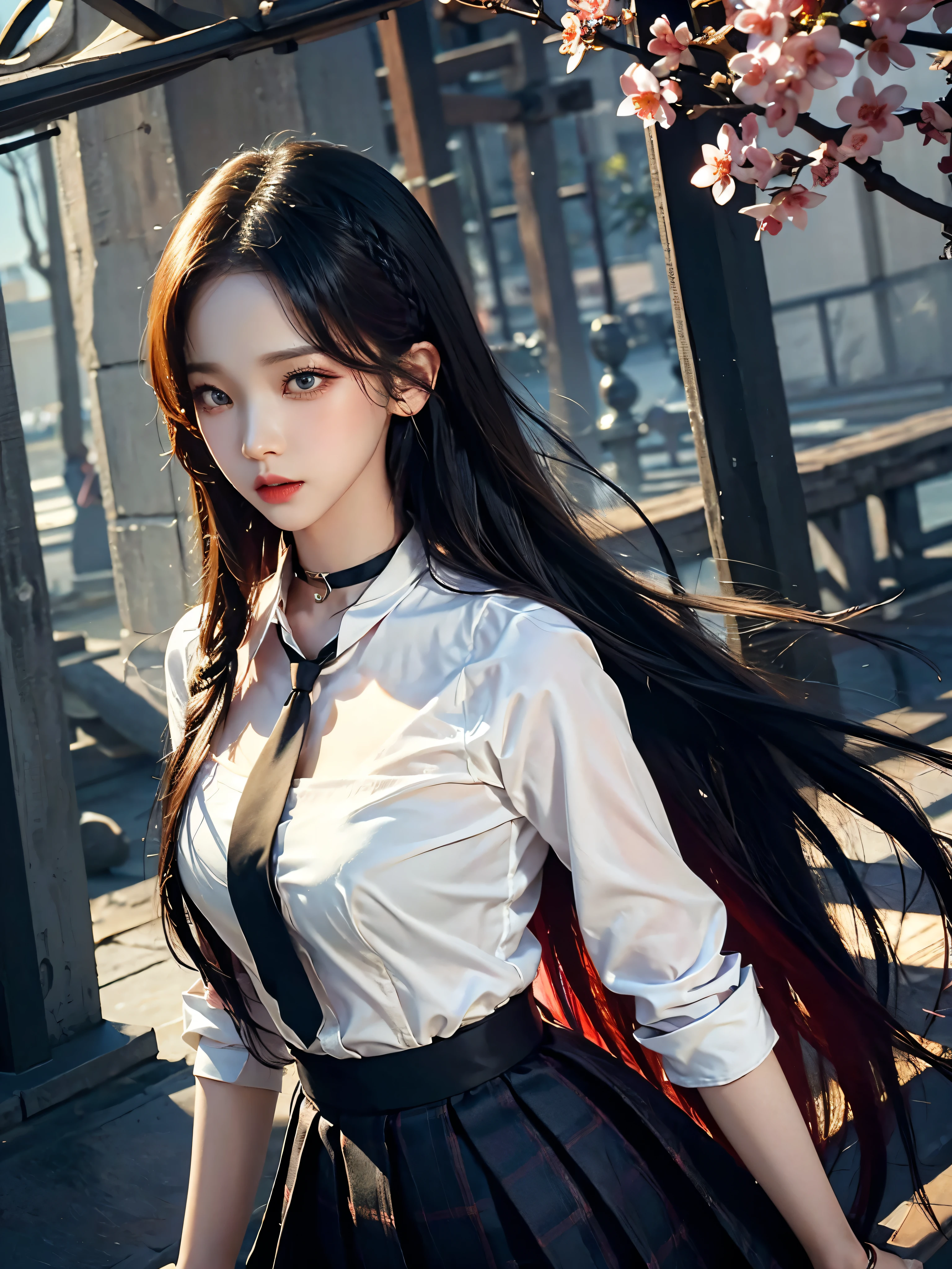 큰 chest, 젖어서 chest이 보이는 흰색 shirt, masterpiece, best quality, whole body, 1 woman, forehead, black choker, black necktie, blond hair, blue skirt, blush, bracelet, chest, choker, clothes approximately waist, clavicle, collared shirt, cowboy shot, dress shirt, ear piercing, eyebrows visible through hair, gradient hair, 이를 드러내고 laugh, fix, bijouterie, Kogal, long hair, looking at viewer, loose necktie, necktie, piercing, plaid, plaid skirt, pleated skirt, red eyes, ring, , shirt, skirt, laugh, alone, distance, sky, Cherry Blossom, petal,illustration, (Magazines:1.3), (sheathe-style:1.3), fashionable, female, vibrant, outfit, posing, front, fancy, dynamic, background, coercion, confidence, expression, possession, name, accessories, majestic, coil, approximately, touch, scene, texts, sheathe, brave, attracting attention, title, Refined, font, catchy, headline, bigger, striking, modern, Trend, Concentrate upon, fashion,