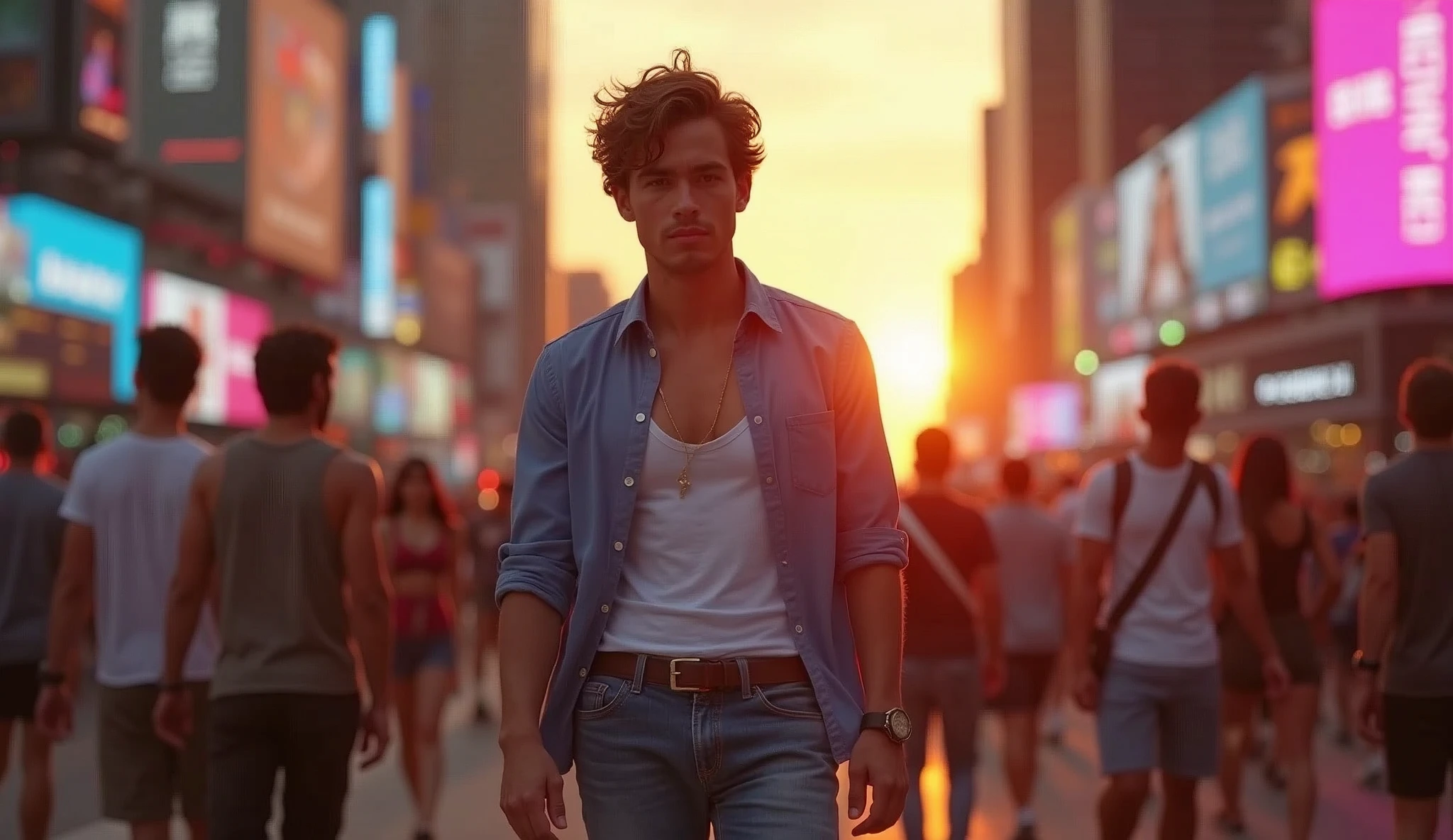USA TIME SQUARE ORANGE SUNSET EVENING THE ROADS ARE WITH PEOPLE AND SOME GIRLS WEAR SHORTS AND TSHIRT IN BETWEEN THEM A GUY AGE 27 WALKING VERY STYLISH CLOTHES JEANS AND SHIRT.HIGHLIGHT THE GUY SHOW HIS FACE.