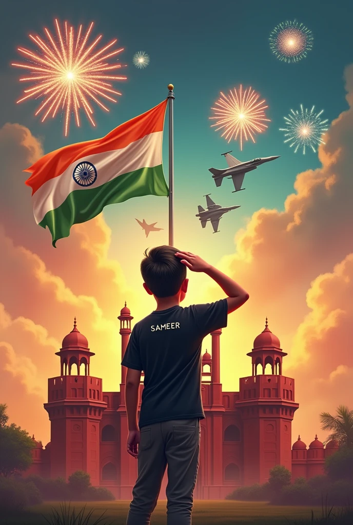 A boy wearing black half shirt and on it SAMEER name is written and in his background there is Red fort on which the medium size tricolour settles and he is delivering salute to the indian tricolour. Above him and red fort there are two fighters rafel that are flying over him. Whole sky is coloured with 12 star crackers shots