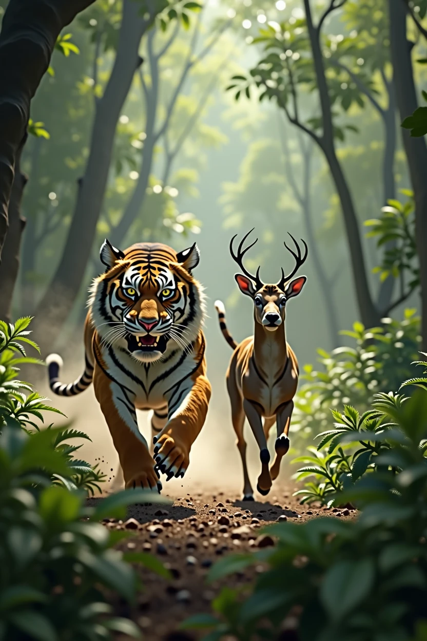 A tiger run to caught a deer in forest realistic picture