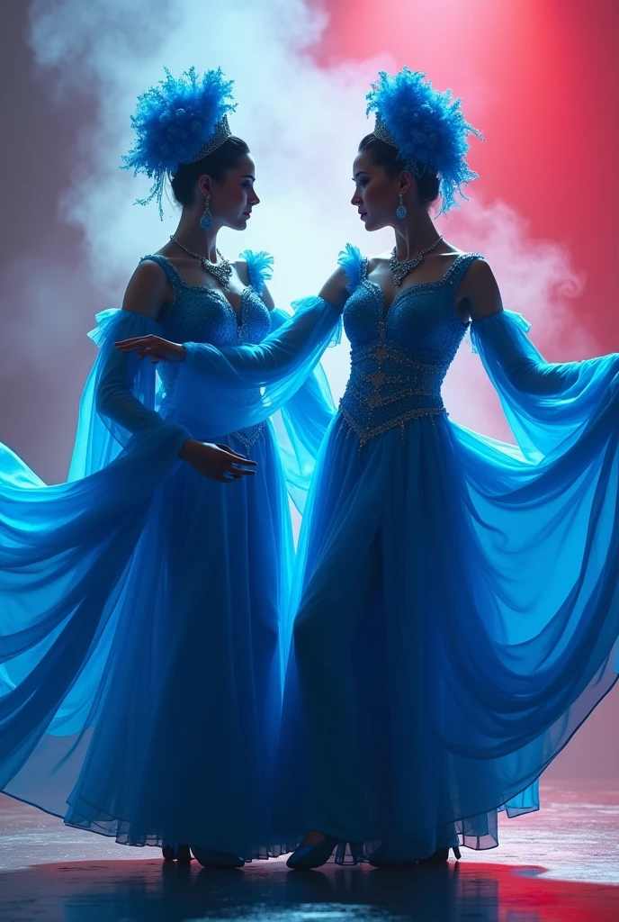 (High contrast blue costume pair of classical padede dancers, Cinematic lighting and atmosphere smoke reflection, red backlight contrasts with the bright background)