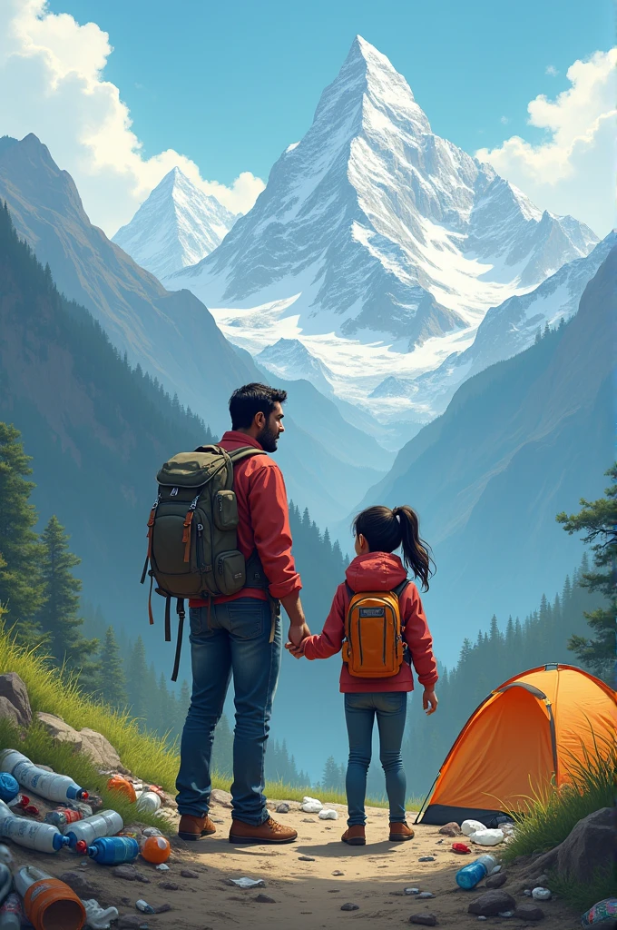 Indian father and daughter going to camp on mountain but fount that mountain also have garbage
