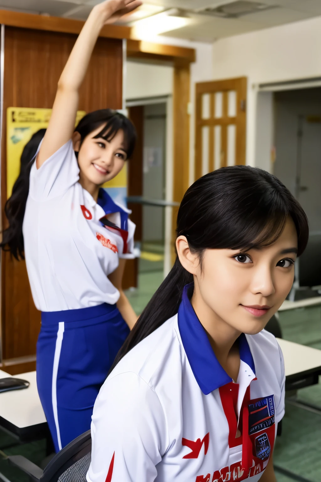 Two Asian lady playing Volleyball in the office of Dinas perhubungan Indonesia. Wearing uniform of Dishub.