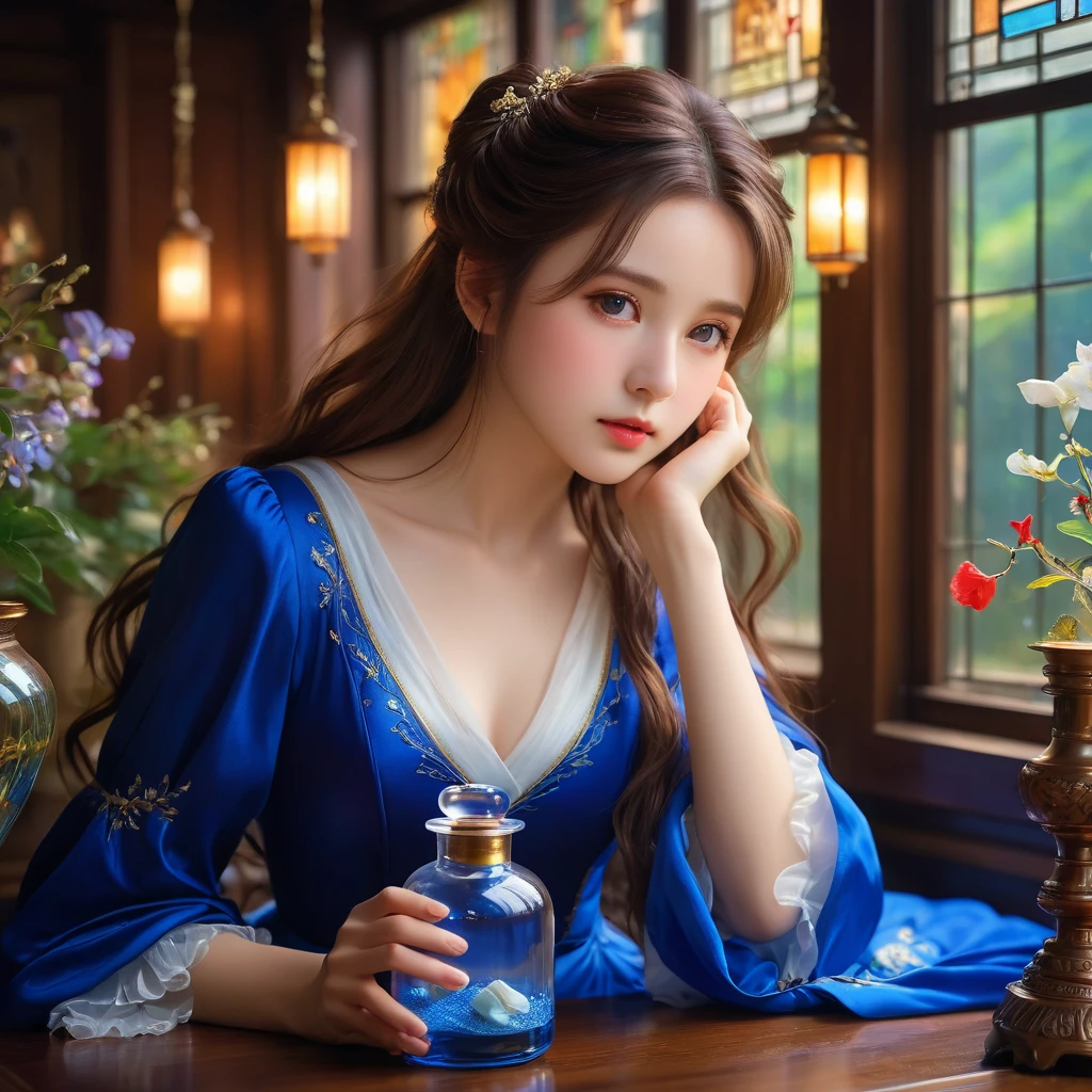 （Best quality，4K，8k，masterpiece：1.2），Super fine，（lifelike，Photo real，Photo lifelike：1.37），Girl in the glass bottle，[Vibrant colors]，[Ethereal atmosphere]， Reimu Hakurei，Brown hair，Long hair，beautiful eyes，Soft porcelain skin，Dreamy expression， Royal Blue dress，Charming pose，Otherworldly beauty，Ethereal light。
