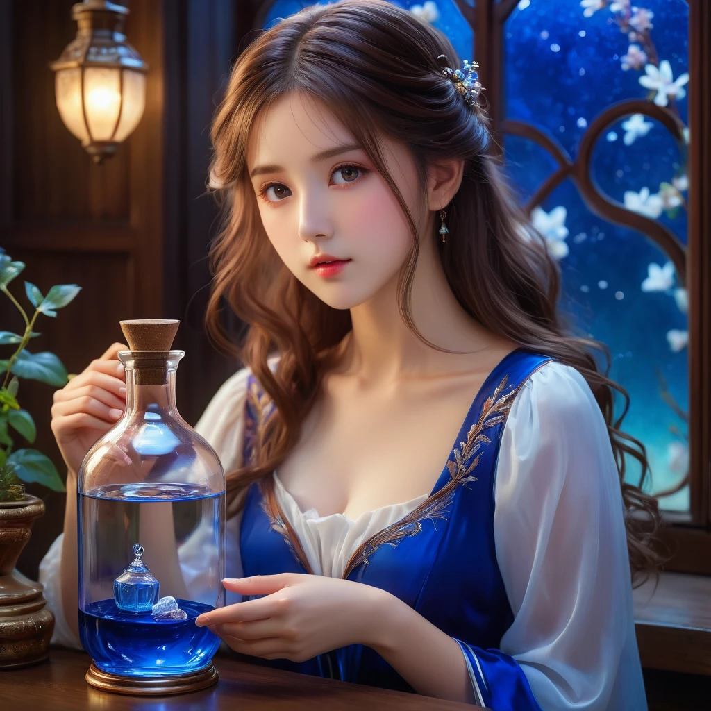 （Best quality，4K，8k，masterpiece：1.2），Super fine，（lifelike，Photo real，Photo lifelike：1.37），Girl in the glass bottle，[Vibrant colors]，[Ethereal atmosphere]， Reimu Hakurei，Brown hair，Long hair，beautiful eyes，Soft porcelain skin，Dreamy expression， Royal Blue dress，Charming pose，Otherworldly beauty，Ethereal light。