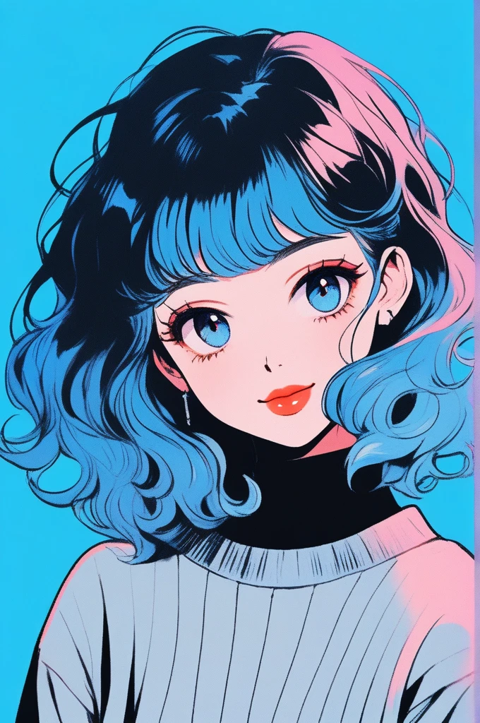 (Highest quality, sketch:1.2),Realistic,Illustrator,anime,1 person, Detailed lips, sweater, custom, Blue gradient background, Neon Hair, Blue Hair, Medium Wavy Hair, Blunt bangs, Friendly, Cute Smile, A kind smile, Texture Clipping, masterpiece, style: Retro Classic, Dark black character design, Test model,