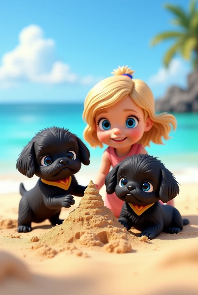 cute adorable 2 black shih tzu puppies, cute blonde girl, extremely detailed, big blue eyes, wearing colorful collar and bandana, building sandcastle, 3D Pixar style, at beach, photorealistic, (best quality,8k,highres,masterpiece:1.2),ultra-detailed,(realistic:1.37),HDR,vivid colors,studio lighting