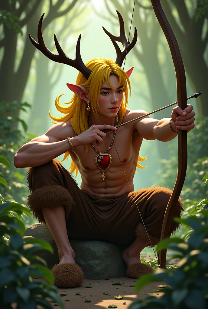 Handsome guy , Korean. He has very dark skin., yellow hair knee length with side bangs. He has faun ears., in the ears gold earrings rings. On the head are deer antlers. He has a bare torso and furry brown pants and shoes in the shape of hooves.. He has a red heart pendant.. He squats in a thicket of ferns and shoots an arrow from a bow.. He smiles beautifully. A kind jaguar next to him.