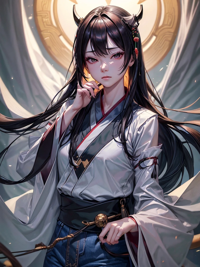 (Fidelity: 1.4), ((Black Hanfu)), Big Sleeves, Small Rings, Kan Tashi, Mole Under Eyes, Denim Lens, Bokeh, Perspective Shortening, Negative Space, Chiaroscuro, Depth of Field, Ray Tracing, Masterpiece, Anatomically Correct, Textured Skin, Best Quality, 8K, Ultra HD, Ccurate