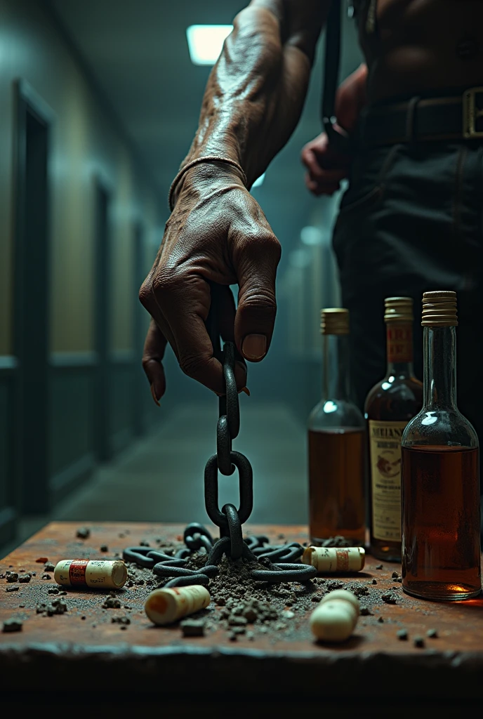 The hands of a demon holding a chain on a table where there is alcohol and drugs in a dark hallway