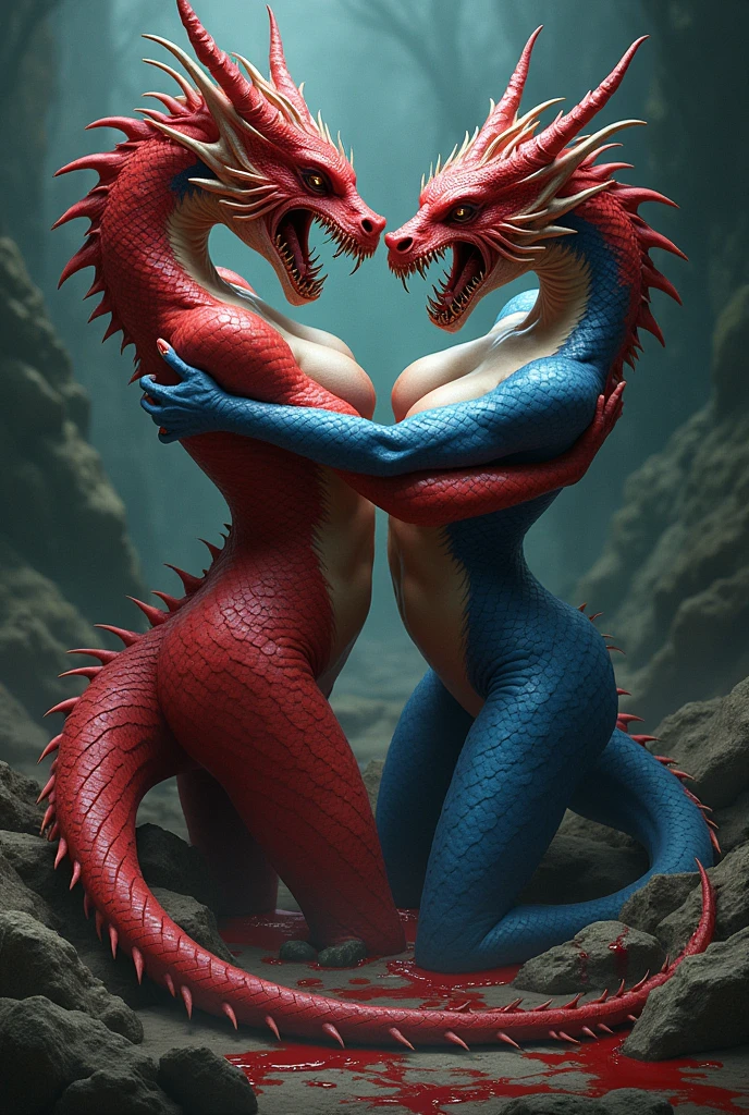 Sexy humanoid red dragon women and sexy humanoid blue dragonoid woman,angrily intertwining tails with eachother and stomping on eachothers tail, both eating eachothers children infront of the other
