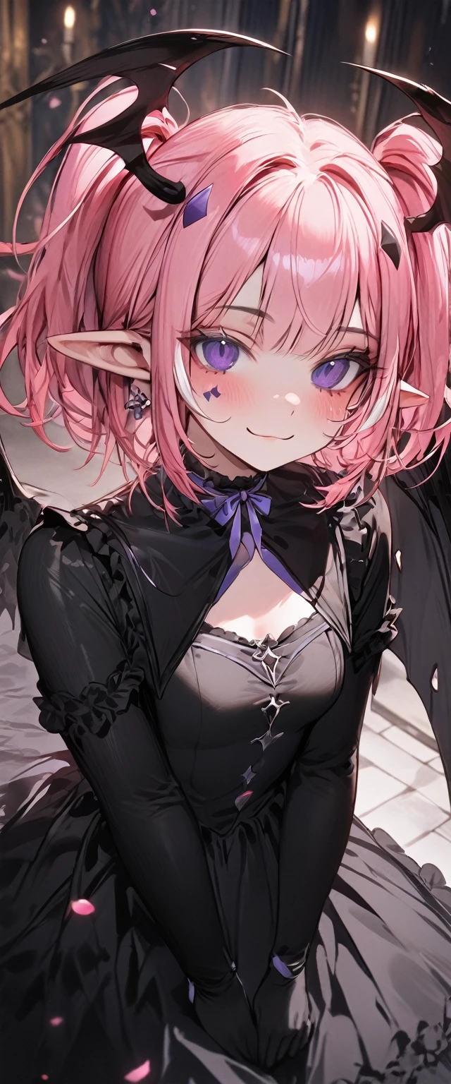 UHD, masterpiece, best quality, extremely detailed, anatomically correct, sharp focus, Midnight, gloomy atmosphere, Church, altar isle, 1girl, solo, camilavtuber, pink hair, short hair, shoulder length hair, (black head wings:1.1), (twin ponytail), PURPLE EYES, PURPLEIRIS, (facial mark), small mouth, closed mouth, smiling, crucifix choker, black arm sleeves, slim arms, black gloves, small chest, 1 devil wing, single wing, ((long black gown)), frilly gown, slim legs, black stockings, (black high heels), (full body) , (close-up), innocent pose, eye-level shot, front view, innocent pose, scattered pink petals