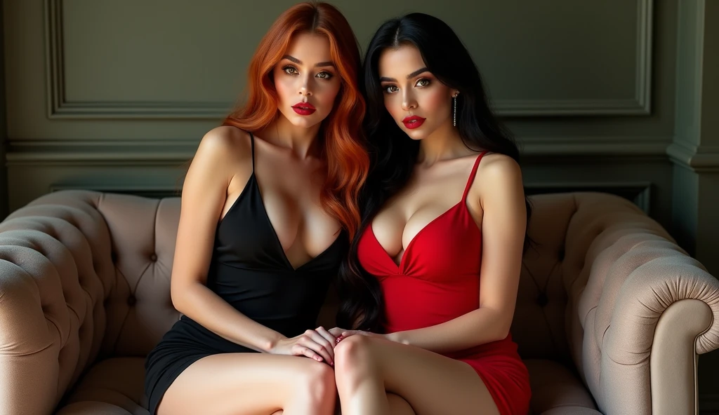 ultra realistic, photography, two girls: one with long straight red hair, 24 years old, hourglass figure, perfect body, natural medium breasts, wearing a sexy black sheath dress, the other one: long black straight hair, girl, 30 years old, hourglass figure, perfect fit body, natural big breasts, she is wearing a sexy red sheath dress, masterpiece, super detailed, detailed face, beautiful eyes, detailed eyeshadow, lip details, red lipstick, full body, wavy hair, revealing legs, sexy legs, great cleavage, they are wearing elegant high heels, they are a femme fatale, sitting on a couch, both have their legs crossed, full body shot, wide angle, zoomed out,