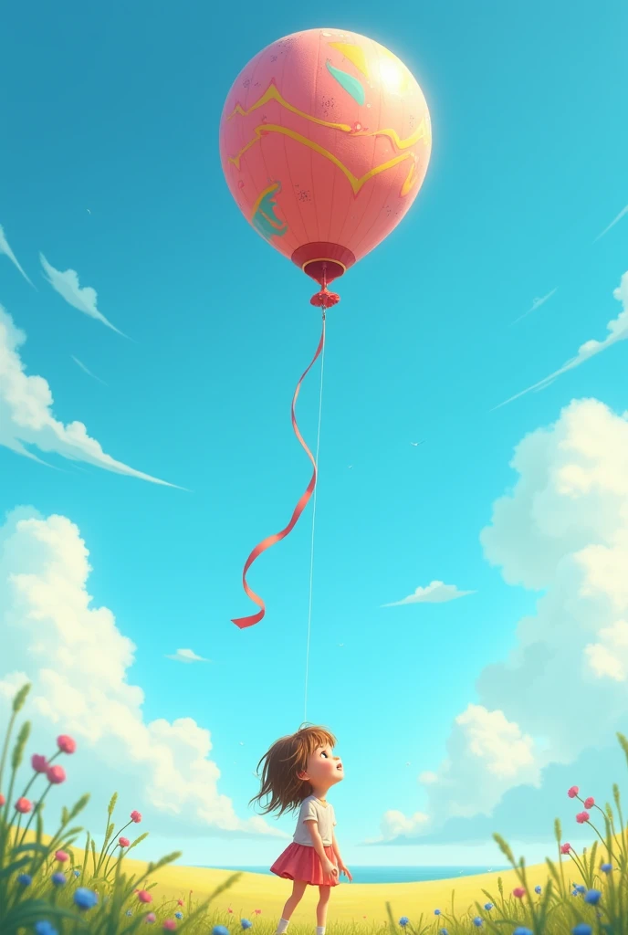 Balloon Flying Away: Depict the moment when the balloon slips from Lily's hand and starts floating upwards, with Lily looking up in surprise and the wind gently blowing.