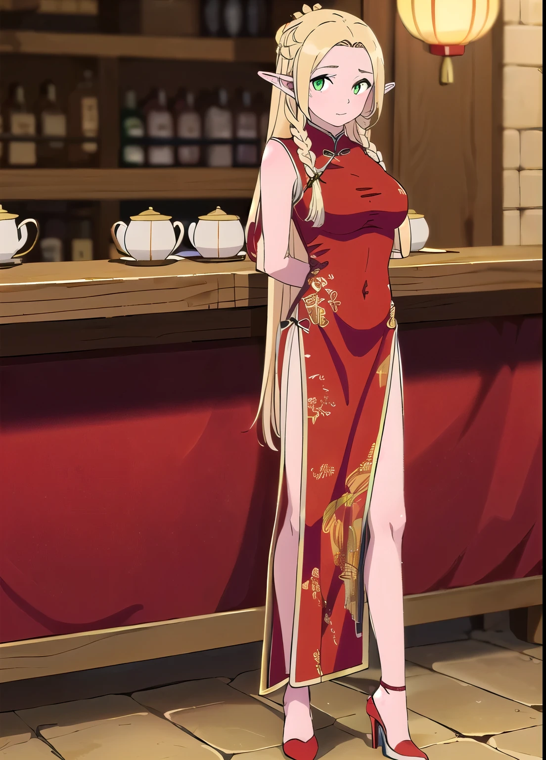 (best quality), ((highly detailed)), (masterpiece),  (1girl), (Marcille_Donato_Dungeon Meshi), blonde hair, long hair, twin braids, elf, pointy ears, green eyes, looking at viewer, (red china long dress: 1.5), (gold decoration dress:1.2), (sleeveless), (deep slit), (red high-heels: 1.3), fullbody, standing, arms behind back, indoors, bar