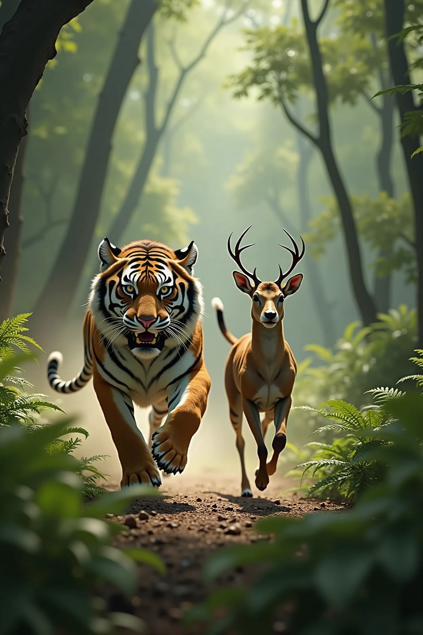 A tiger run to caught a deer in forest realistic picture 