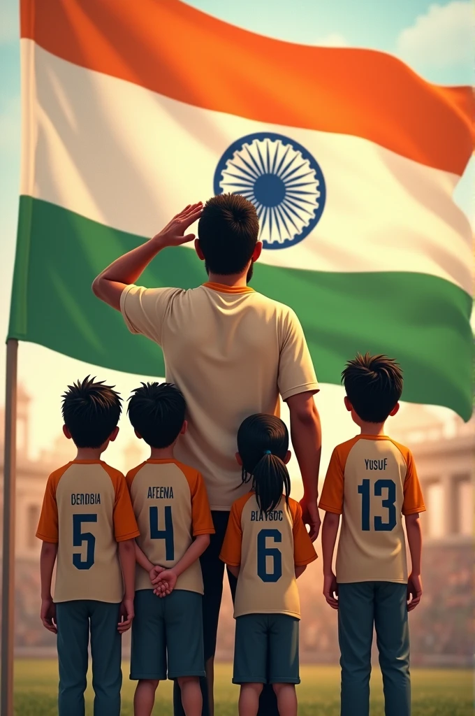 A Muslim boy is celebrating Independence Day and he has a black beard and his name is Aftab. His name is also written on his jersey and he is saluting with his three children with the Indian flag. His three children have their names written on their jerseys which read Uzefa Afsan Yusuf.