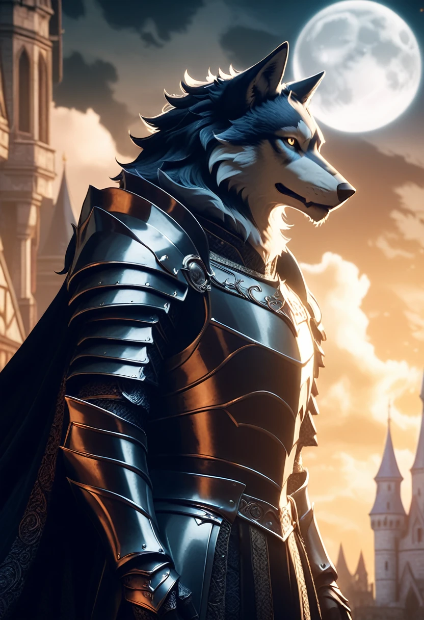 wolf in black regal knight armor with regal cloak, clawed gauntlets, 4k, hd, handsome, castle background with moon in the sky