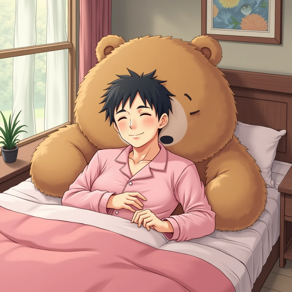 Image of Urushi、Man sleeping with giant bear、bed、The pajamas are pink