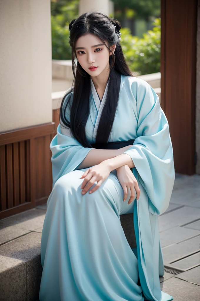 Beautiful modest girl, with black hair, wearing hanfu, waist up, Realistic, Full HD, Best Quality, masterpiece, raw photo
