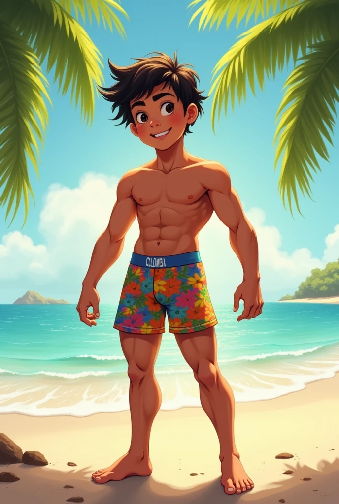 Hi, I would like to generate a full-body image of a Colombian boy who is only wearing boxers and is on the beach. 