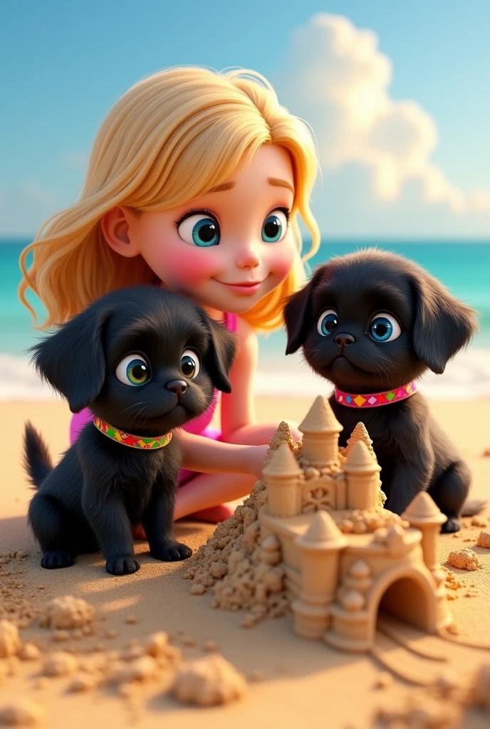 1 blonde girl, 2 adorable black shih tzu puppies with big blue eyes wearing a colorful collar building a sand castle at beach 3D Pixar style