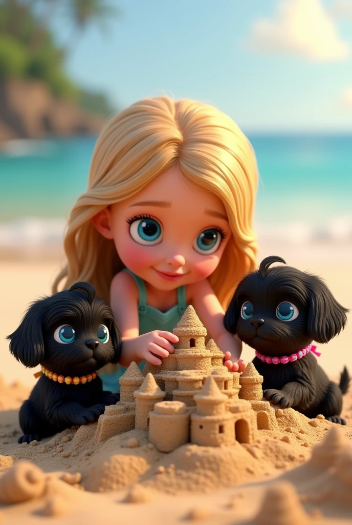 1 blonde girl, 2 adorable black shih tzu puppies with big blue eyes wearing a colorful collar building a sand castle at beach 3D Pixar style