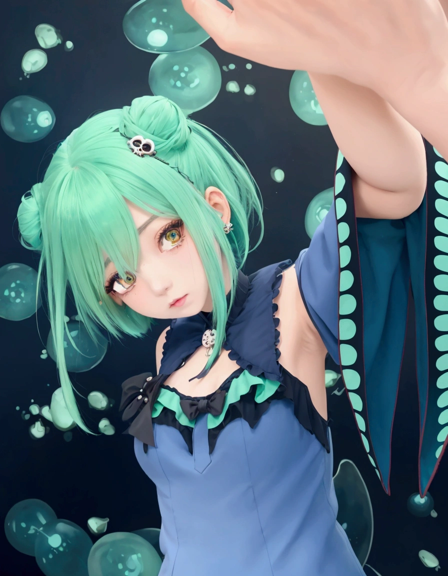 girl with green hair and blue dress holding hand, fine details. green light circle background, orange eyes, girl with teal hair, twin bun, skull hairpin in left bun, made with painter studio, mikudayo, pixiv contest winner, moe artstyle, artstyle, uruha rushia, hololive, vtuber, smooth armpit no stretch mark, smooth ear no earings, hyper realistic, real person