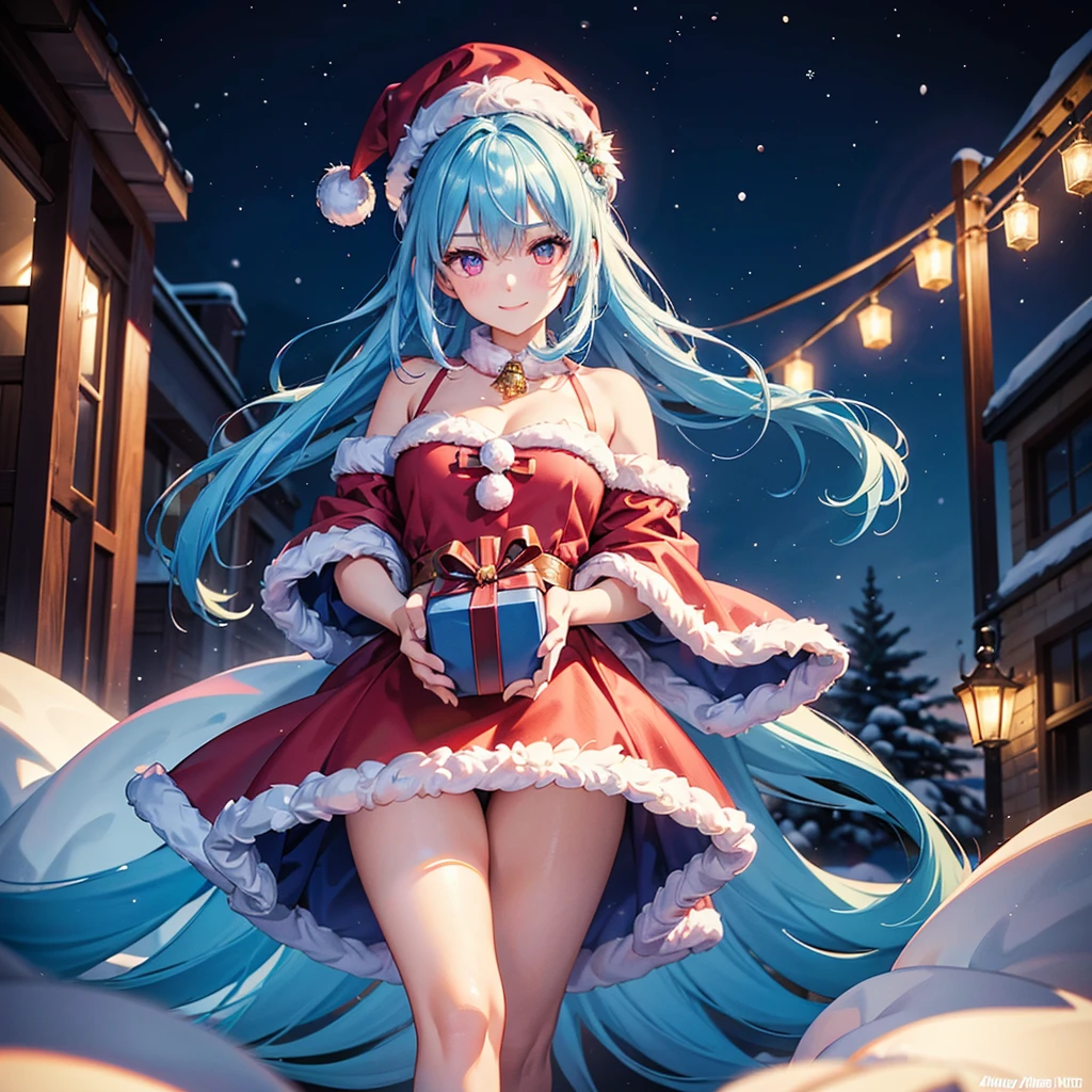 (Sky blue hair tied in a single strand),(Pink Eyes),Fair Skin,Full Body,Alone,smile,Santa Claus Clothes,Giant Christmas Tree in the Background,Snowy Night,Sparkling Night Sky,gift box,(Masterpiece, Top Quality, Very Detailed), Best Shadows,Detailed Background,Beautifully Detailed Face,High Contrast,Best Lighting, Very Delicate and Beautiful,Cinematic Light,Hyper Detail,8k,Dramatic Light,Exquisite Detail,Christmas colors,