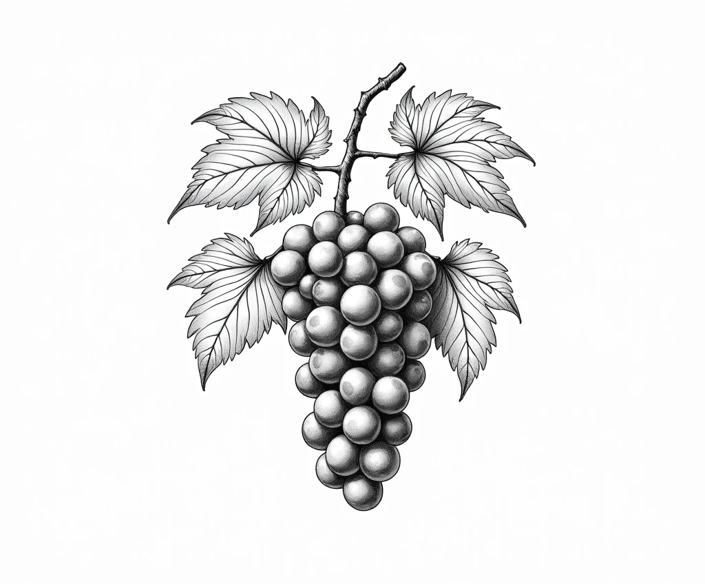 detailed, Black and white botanical illustration of grapes.the image should highlight a bunch of grapes，Grape leaves embellish.Style should be similar to vintage botanical illustrations with light lines and minimal black shading, Focus on natural elements，No heavy shadows
