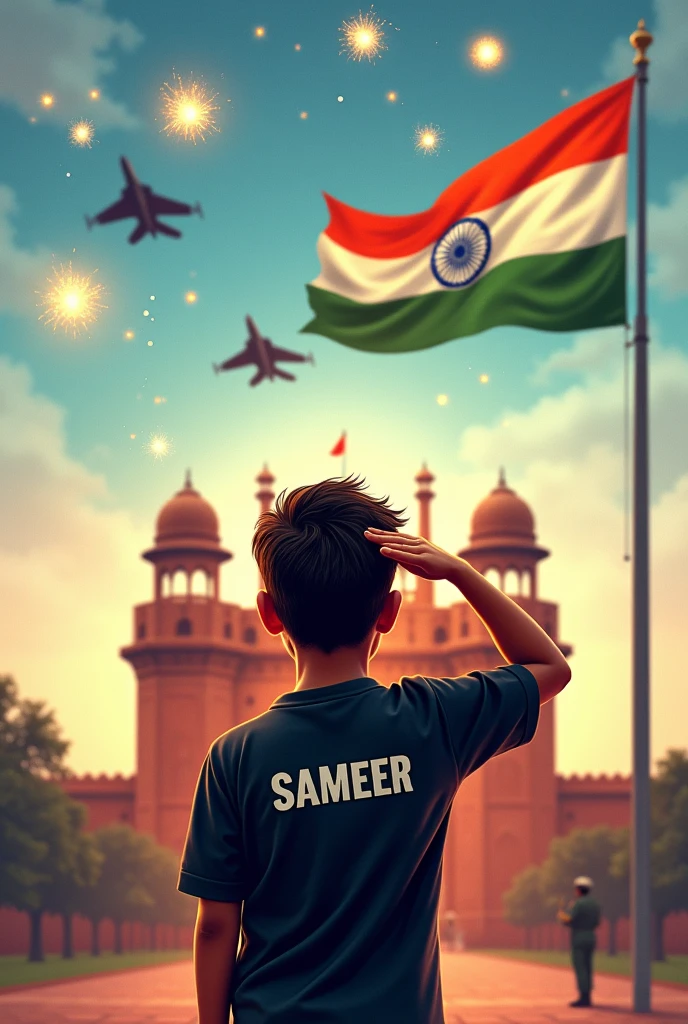 A boy wearing black half shirt and on it SAMEER name is written in bold medium letter and he is saluting the flag and in his background there is Red fort on which the medium size tricolour settles and he is delivering salute to the indian tricolour. Above him and red fort there are two fighters rafel that are flying over him. Whole sky is coloured with 12 star crackers shots
