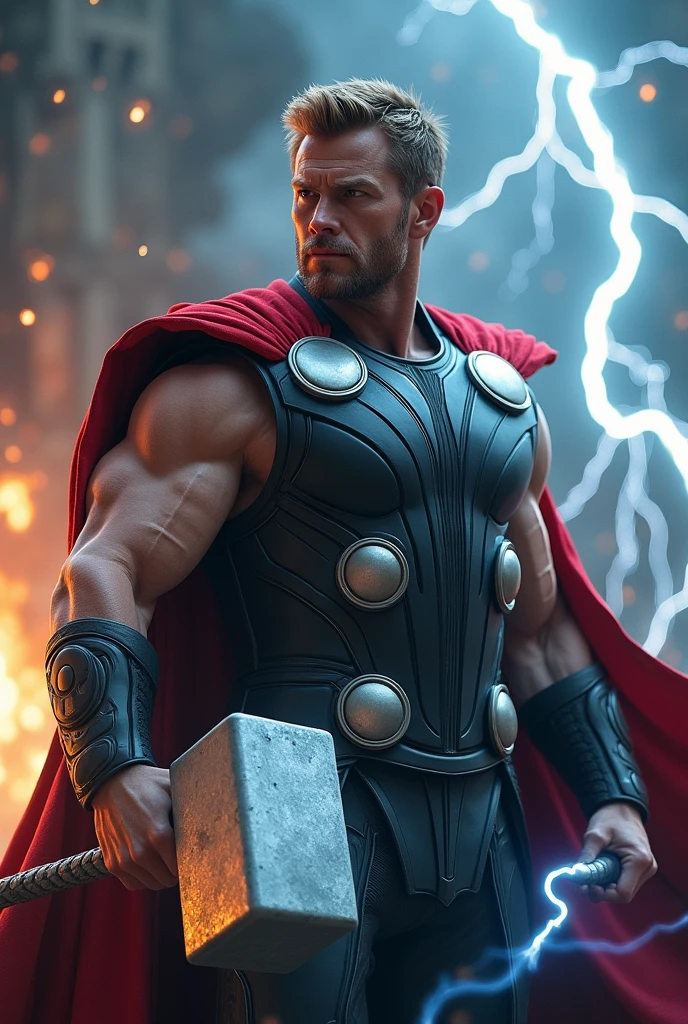 (Thor, Chris Hemsworth, muscular male, god of thunder, warrior, (best quality,4k,8k,highres,masterpiece:1.2),ultra-detailed,(realistic,photorealistic,photo-realistic:1.37),dramatic lighting, dynamic pose, intricate details, powerful, wielding Mjolnir hammer, electricity and lightning effects, epic fantasy, cinematic, dramatic, heroic, cinematic composition, dramatic lighting, highly detailed, hyper-realistic)