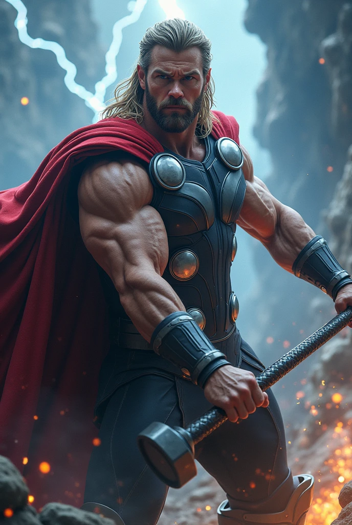 (Thor, Chris Hemsworth, muscular male, god of thunder, warrior, (best quality,4k,8k,highres,masterpiece:1.2),ultra-detailed,(realistic,photorealistic,photo-realistic:1.37),dramatic lighting, dynamic pose, intricate details, powerful, wielding Mjolnir hammer, electricity and lightning effects, epic fantasy, cinematic, dramatic, heroic, cinematic composition, dramatic lighting, highly detailed, hyper-realistic)