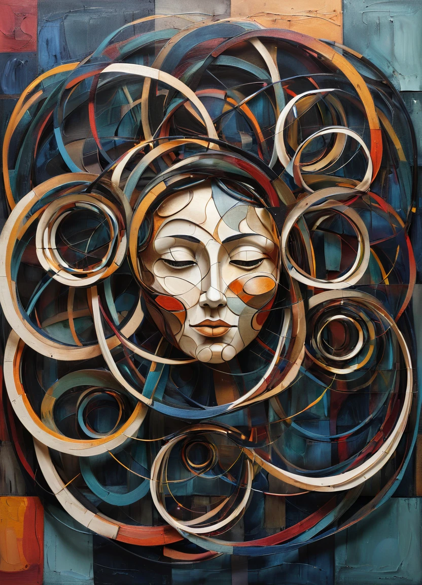 Artme, intertwine circles with different sizes forming a face, abstract, 
