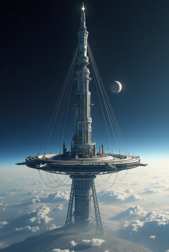 Space Elevator,Connected by long wires from ground to space,wheel-like space station